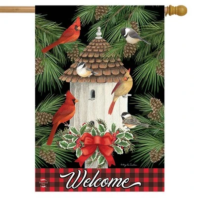 Holiday Bird Gathering House Flag Welcome Birdhouse Plaid 28"x40" Briarwood Lane 1 Holiday Bird Gathering House Flag Welcome Birdhouse Plaid 28"x40" Briarwood Lane