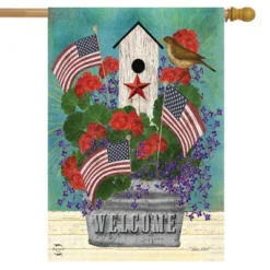 All American Birdhouse Floral House Flag Patriotic Primitive 28" X 40" Briarwood Lane