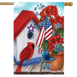 American Cardinal House Flag Patriotic Floral Birds 28" X 40" Briarwood Lane