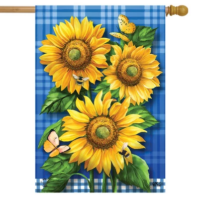Blue Sunflowers Summer House Flag Plaid Floral 28" X 40" Briarwood Lane 1 Blue Sunflowers Summer House Flag Plaid Floral 28" X 40" Briarwood Lane