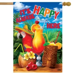 Always Happy Here Summer House Flag Tropical Drinks Cocktails Macaw 28" X 40" Briarwood Lane