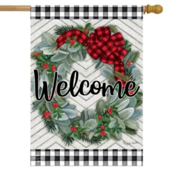 Winter Wreath Welcome House Flag Checkered Patterned 28" X 40" Briarwood Lane