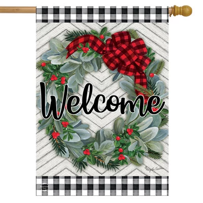 Winter Wreath Welcome House Flag Checkered Patterned 28" X 40" Briarwood Lane 1 Winter Wreath Welcome House Flag Checkered Patterned 28" X 40" Briarwood Lane