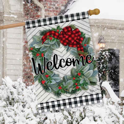 Winter Wreath Welcome House Flag Checkered Patterned 28" X 40" Briarwood Lane 2 Winter Wreath Welcome House Flag Checkered Patterned 28" X 40" Briarwood Lane - Image 2