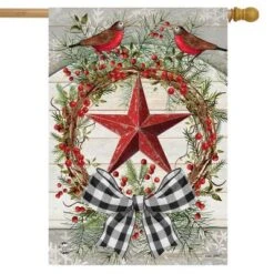 Berry Wreath Barnstar Winter House Flag Birds Checkered 28" X 40" Briarwood Lane