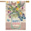 Happy Spring Mason Jar Floral House Flag Primitive 28" X 40" Briarwood Lane