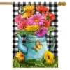Gerber Daisy Watering Can Spring House Flag Checkered 28" X 40" Briarwood Lane