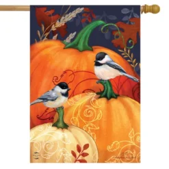 Pumpkins And Chickadees Fall House Flag Autumn Birds 28" X 40" Briarwood Lane