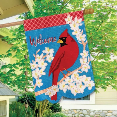 Spring Cardinal Welcome Burlap House Flag Floral 28" X 40" Briarwood Lane 2 Spring Cardinal Welcome Burlap House Flag Floral 28" X 40" Briarwood Lane - Image 2